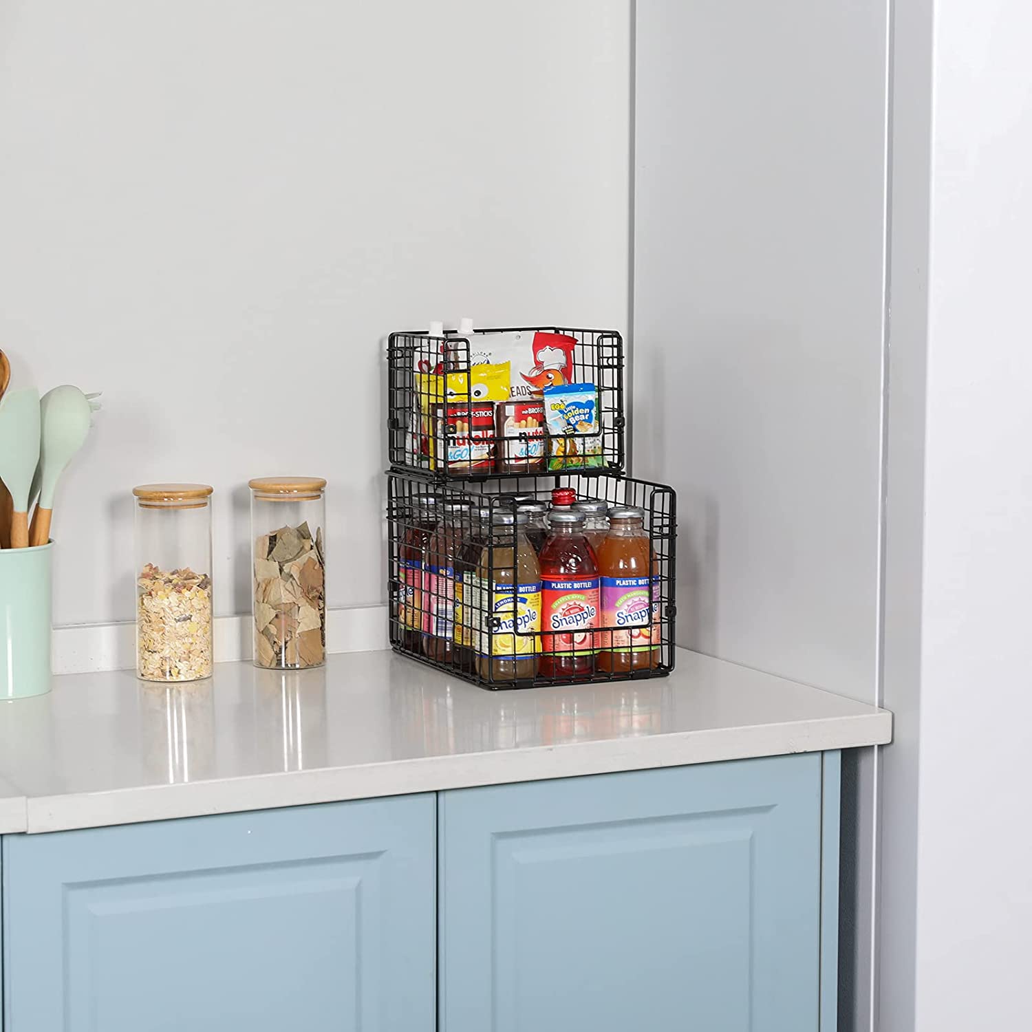 Pantry Organization Ideas: Food Storage Containers and Wire Baskets