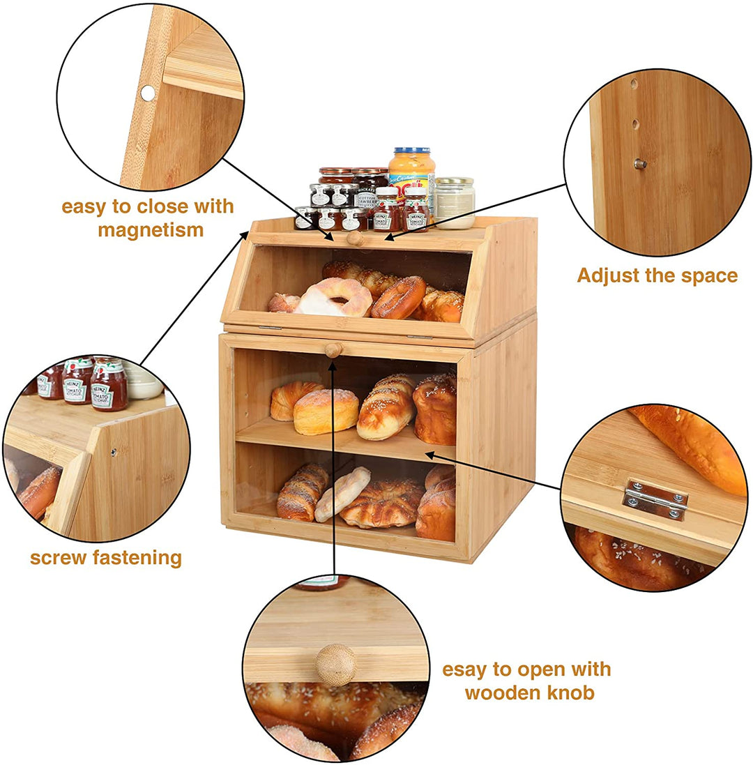 Bamboo Bread Box, 3 Adjustable Panel | X-cosrack