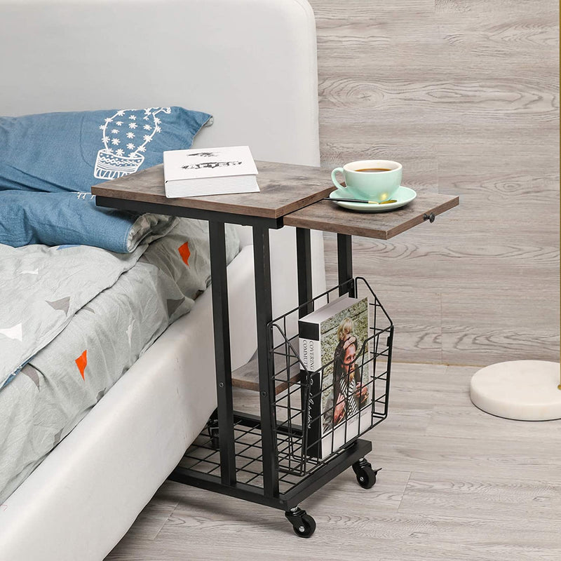 adjustable c tables next to the bed