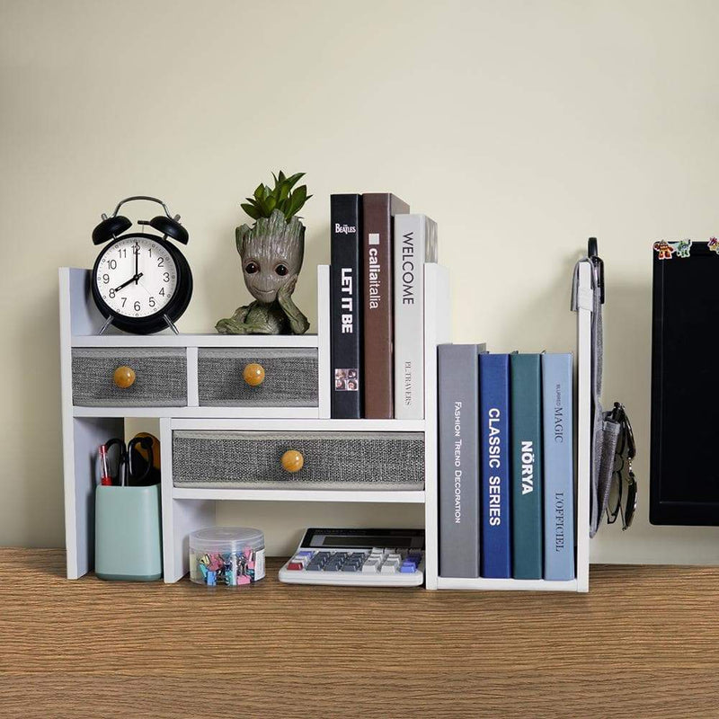 adjustable desktop bookshelf on the office desk