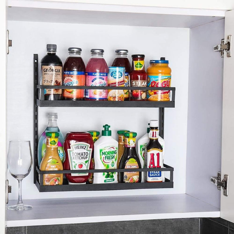 black spice rack in the cupboard