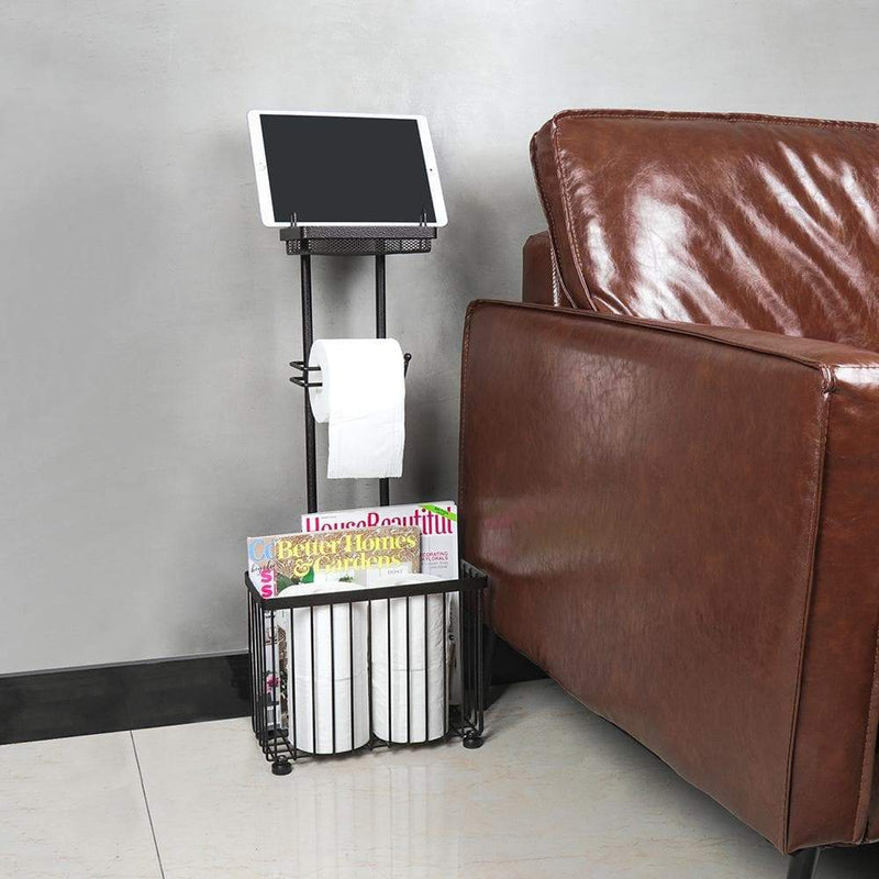 dark brown toilet stand shelf next to the sofa