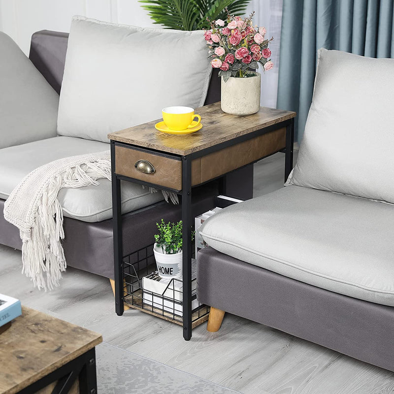 end table with storage in between the two sofas