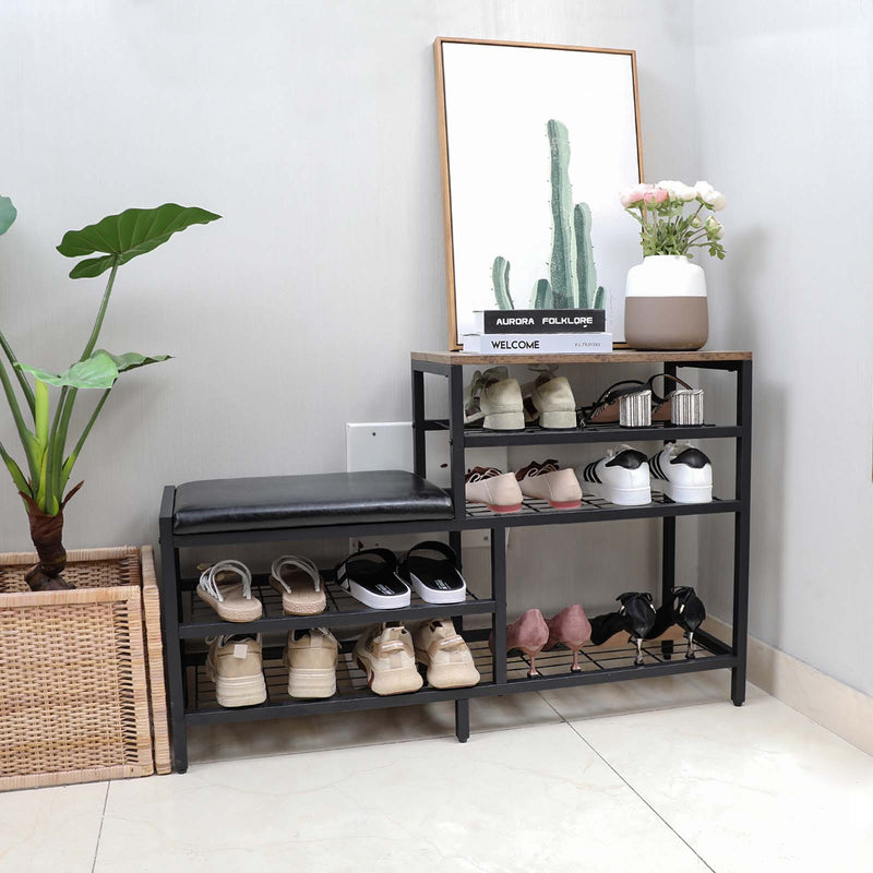 entryway bench with shoe rack by plant