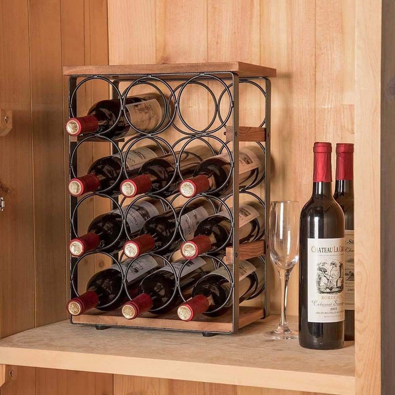 farmhouse wine rack on the wood shelf