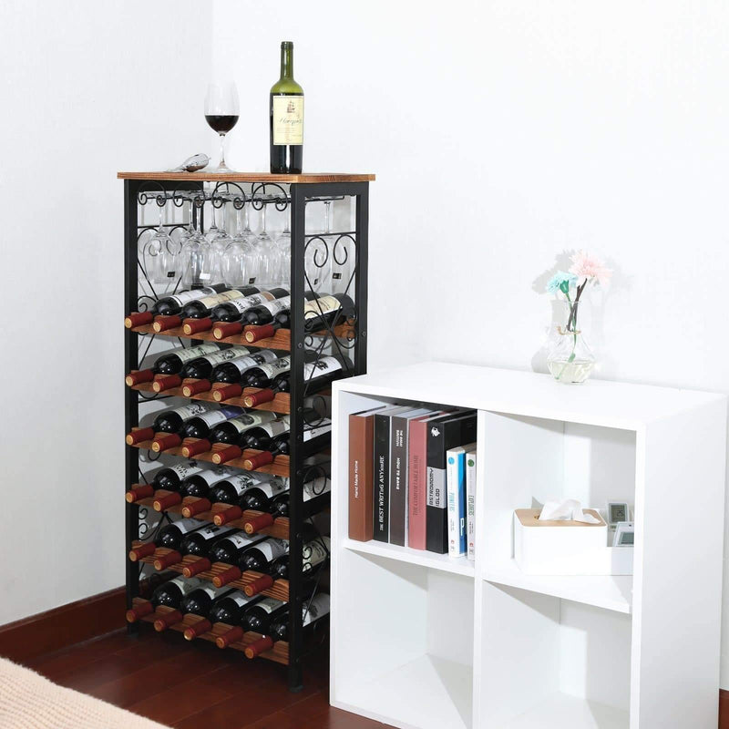 floor wine rack next to the bookshelf