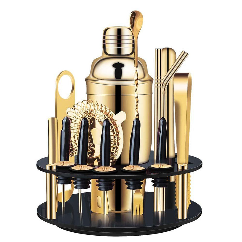 gold cocktail shaker set with rotate stand