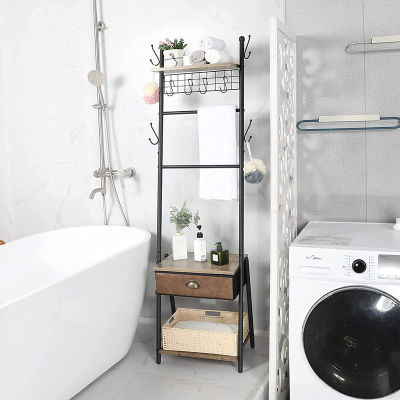 leaning ladder shelf in the laundry room