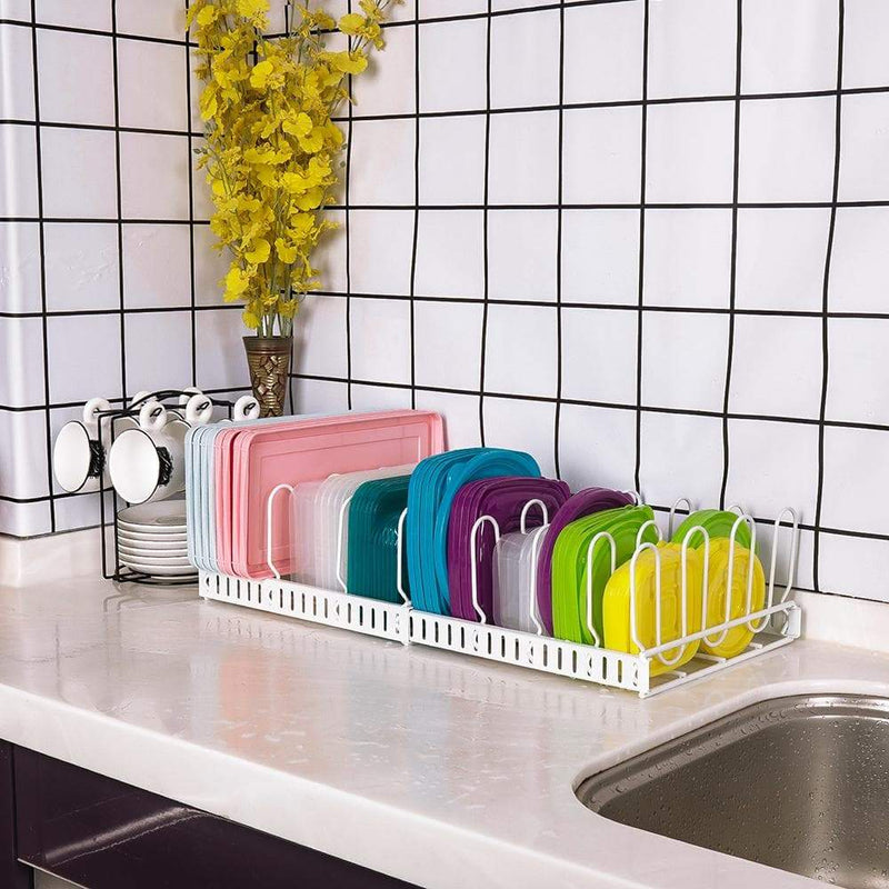 metal containerlid organizer on the kitchen countertop