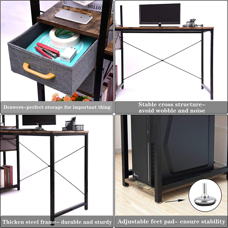 modern computer desk detail show: drawers, steel frame, adjustable feet