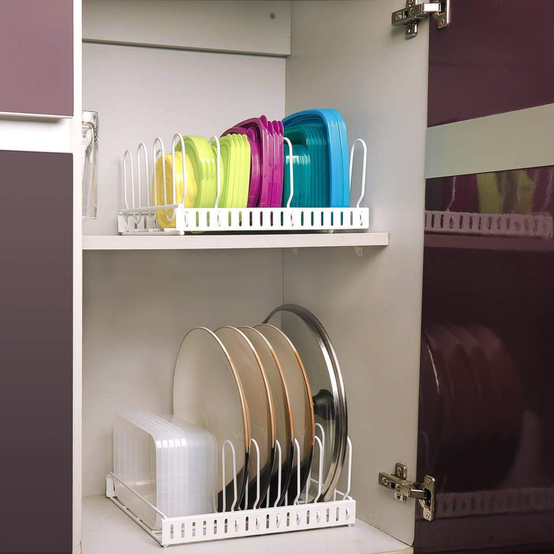 plastic lid organizer in the cupboard