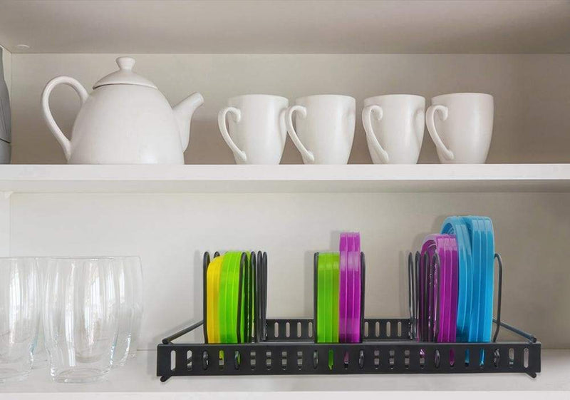 plastic lid organizer in the cupboard