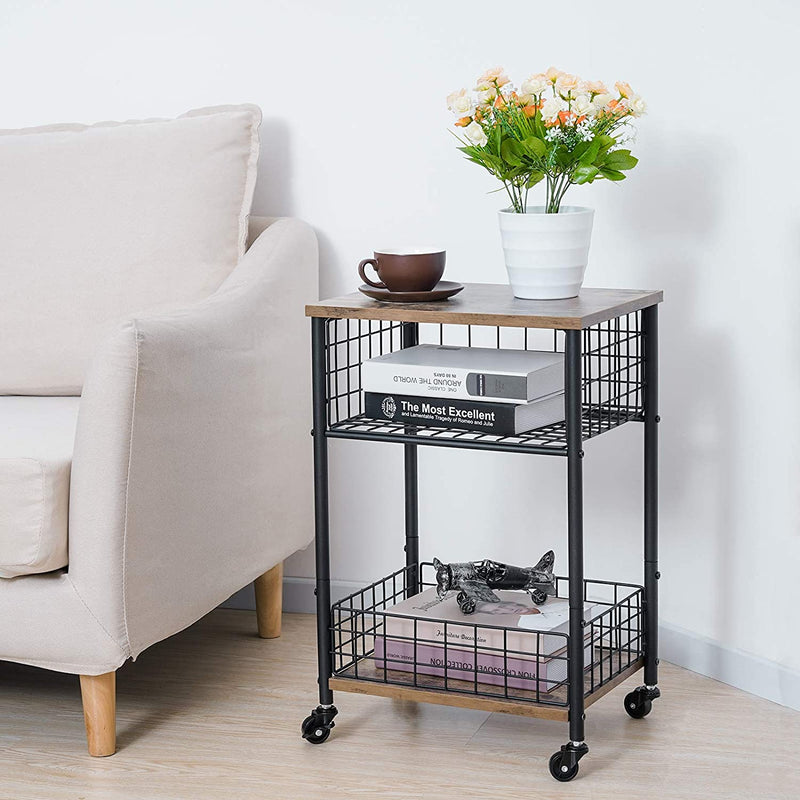 rolling side table with storage next to sofa