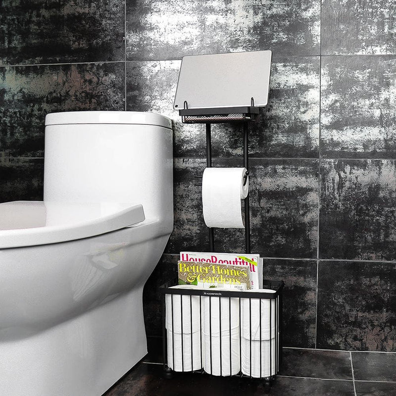 toilet magazine holder next to toilet bowl