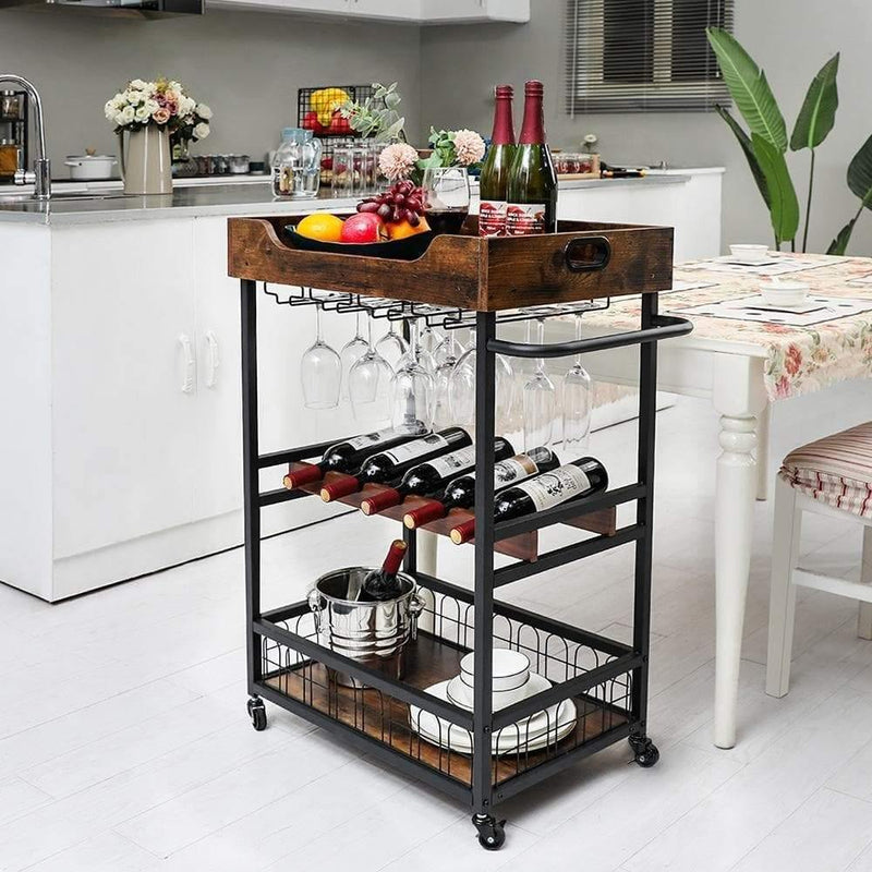wine rack bar cart next to dinner table
