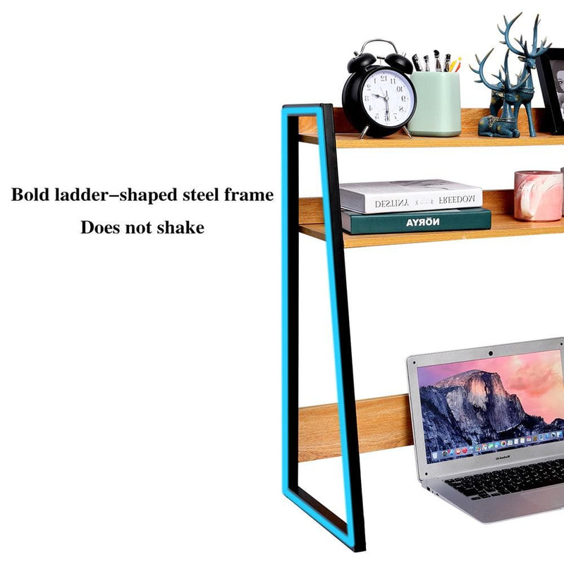 wood desktop shelf has steel frame